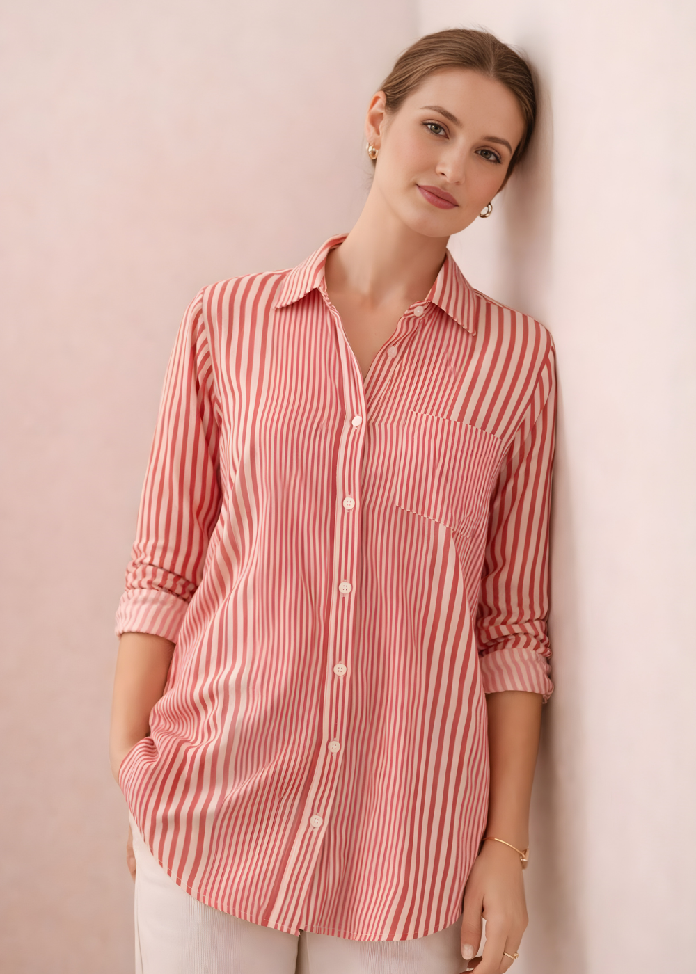 Mixed-Stripe V-Neck Blouse