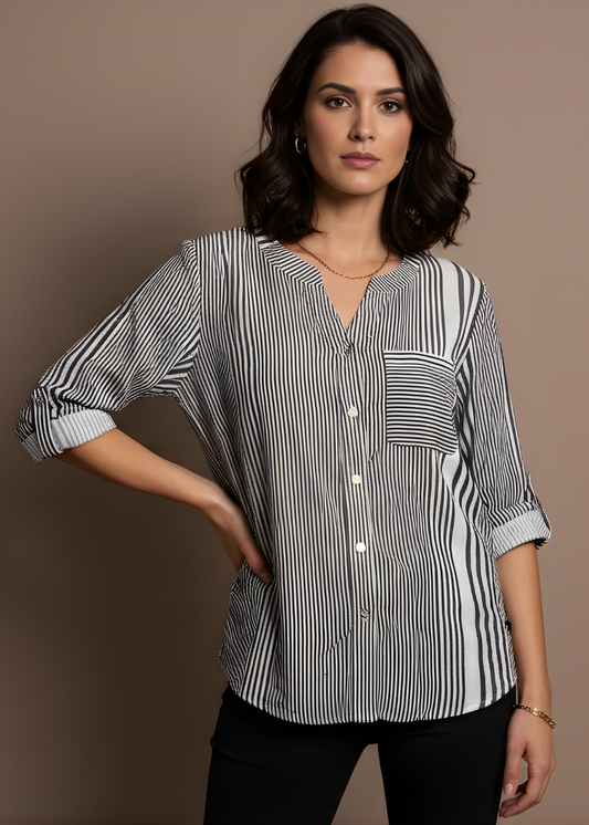 Mixed-Stripe V-Neck Blouse