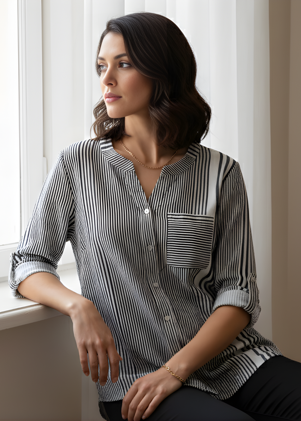 Mixed-Stripe V-Neck Blouse