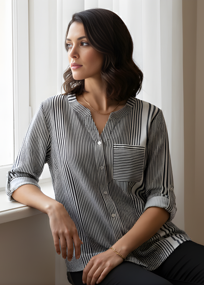 Mixed-Stripe V-Neck Blouse
