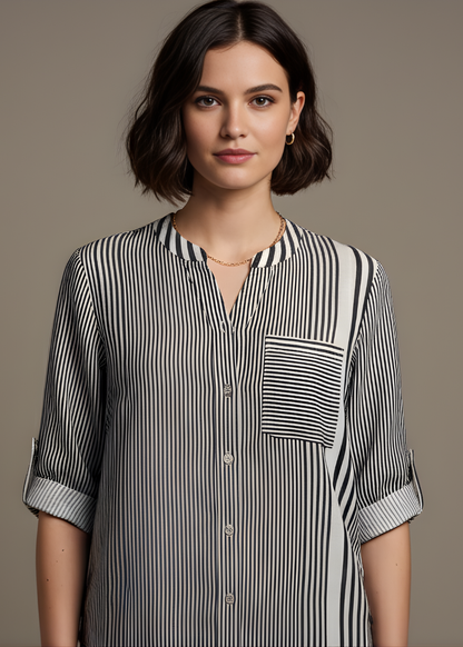 Mixed-Stripe V-Neck Blouse