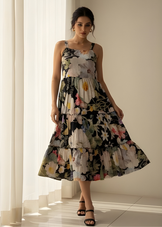 Square-Neck Tiered Floral Dress