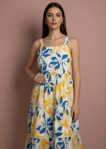 Square-Neck Tiered Floral Dress