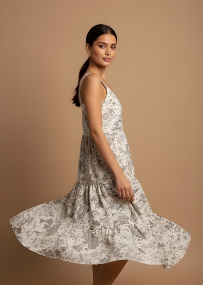 Square-Neck Tiered Floral Dress