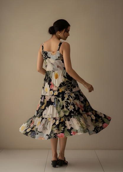 Square-Neck Tiered Floral Dress