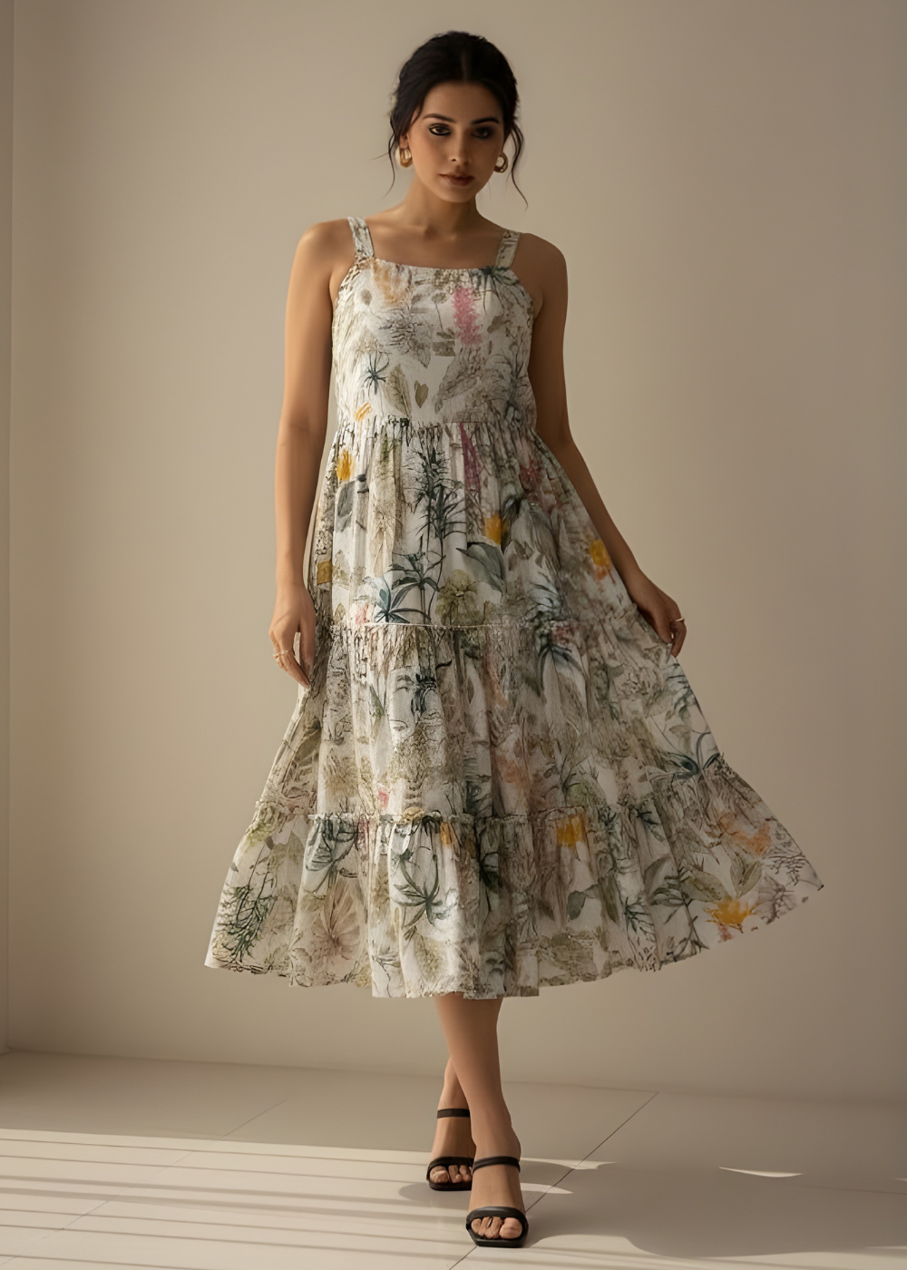 Square-Neck Tiered Floral Dress