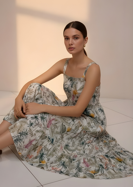 Square-Neck Tiered Floral Dress