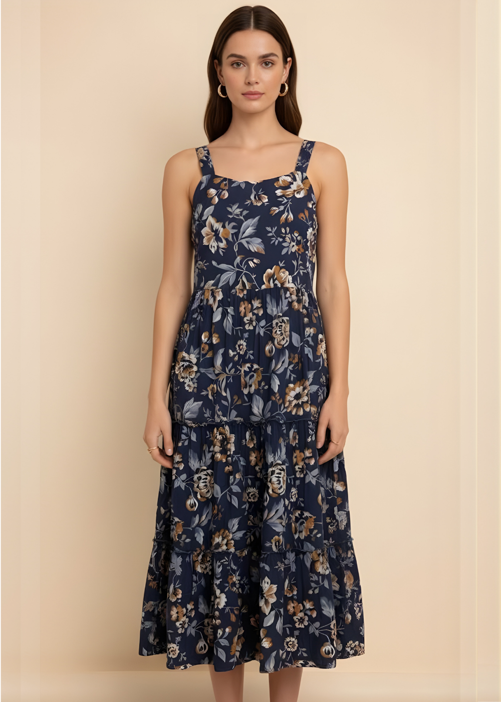Square-Neck Tiered Floral Dress