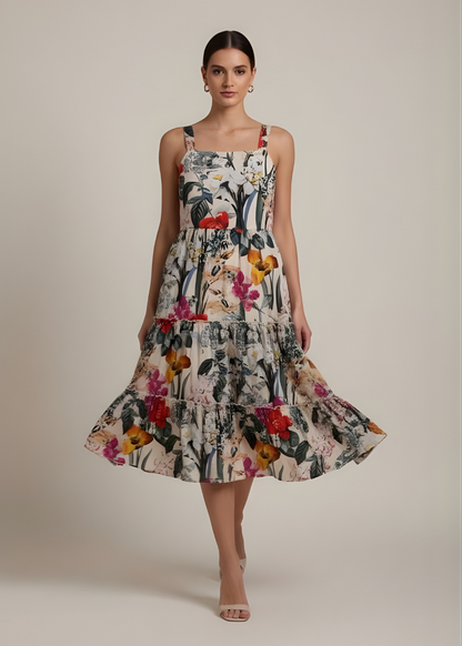Square-Neck Tiered Floral Dress