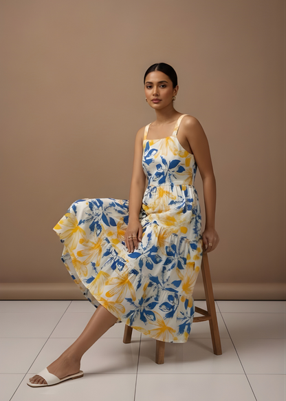 Square-Neck Tiered Floral Dress