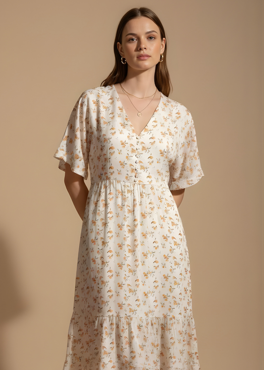 Printed V-Neck Midi Dress