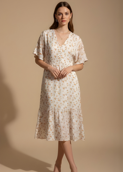 Printed V-Neck Midi Dress